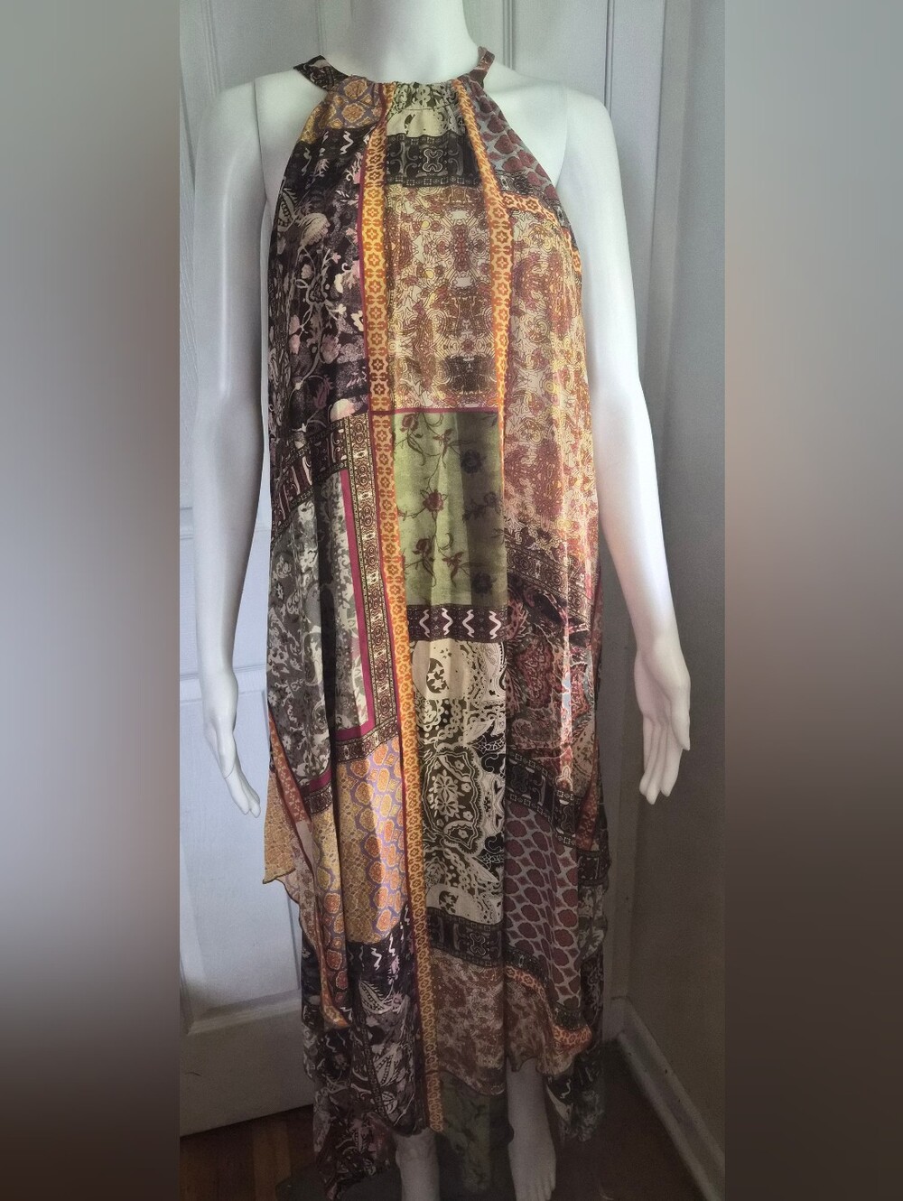 New York & Company Patchwork Maxi Dress in Brown, Olive & Pink Accents